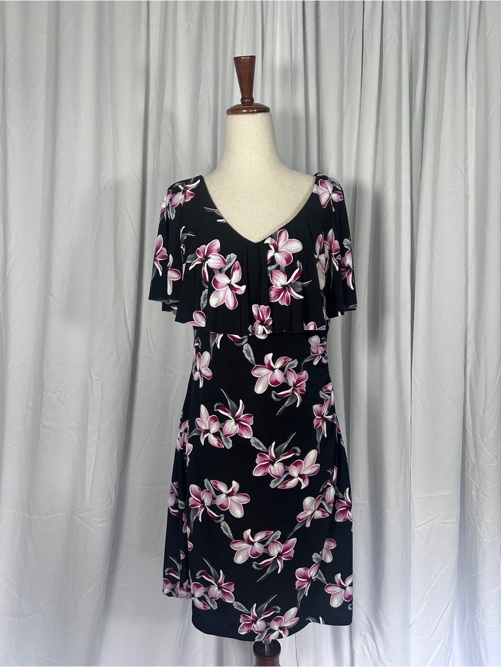 90s connected apparel Black Mini Dress with Pink Floral Hibiscus Print